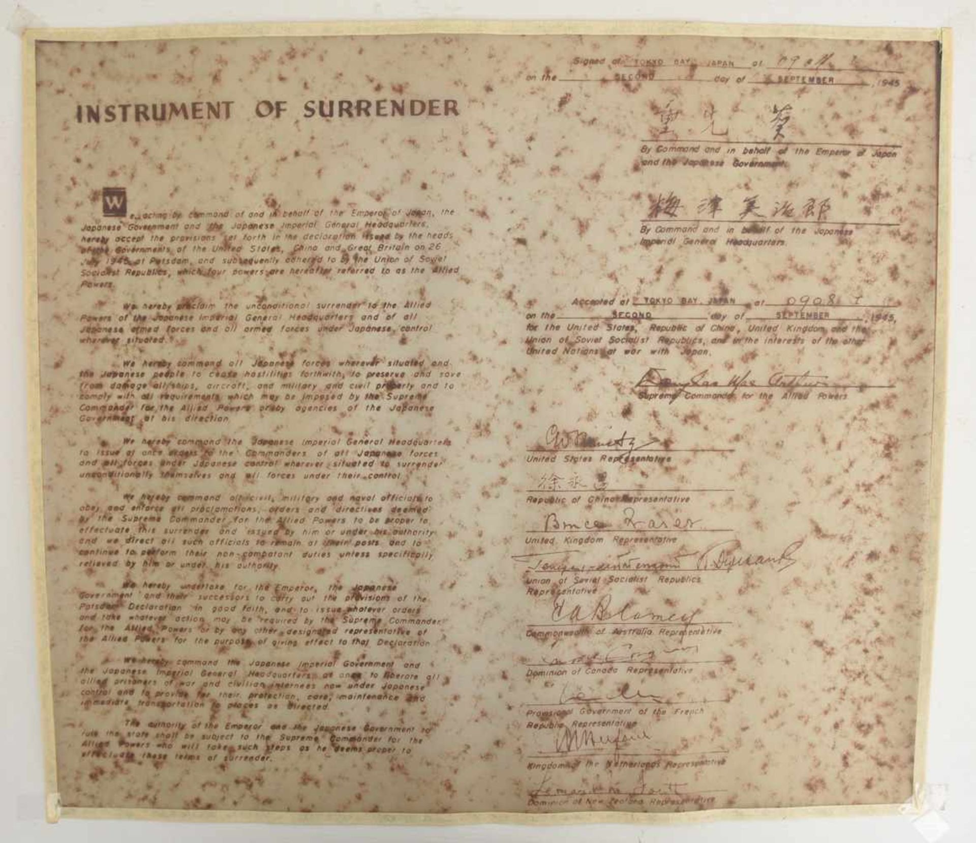 KAPITULATIONSERKLÄRUNG KAISERREICH JAPAN (Kopie), Druck auf Transparentpapier, Deutschland 1946-