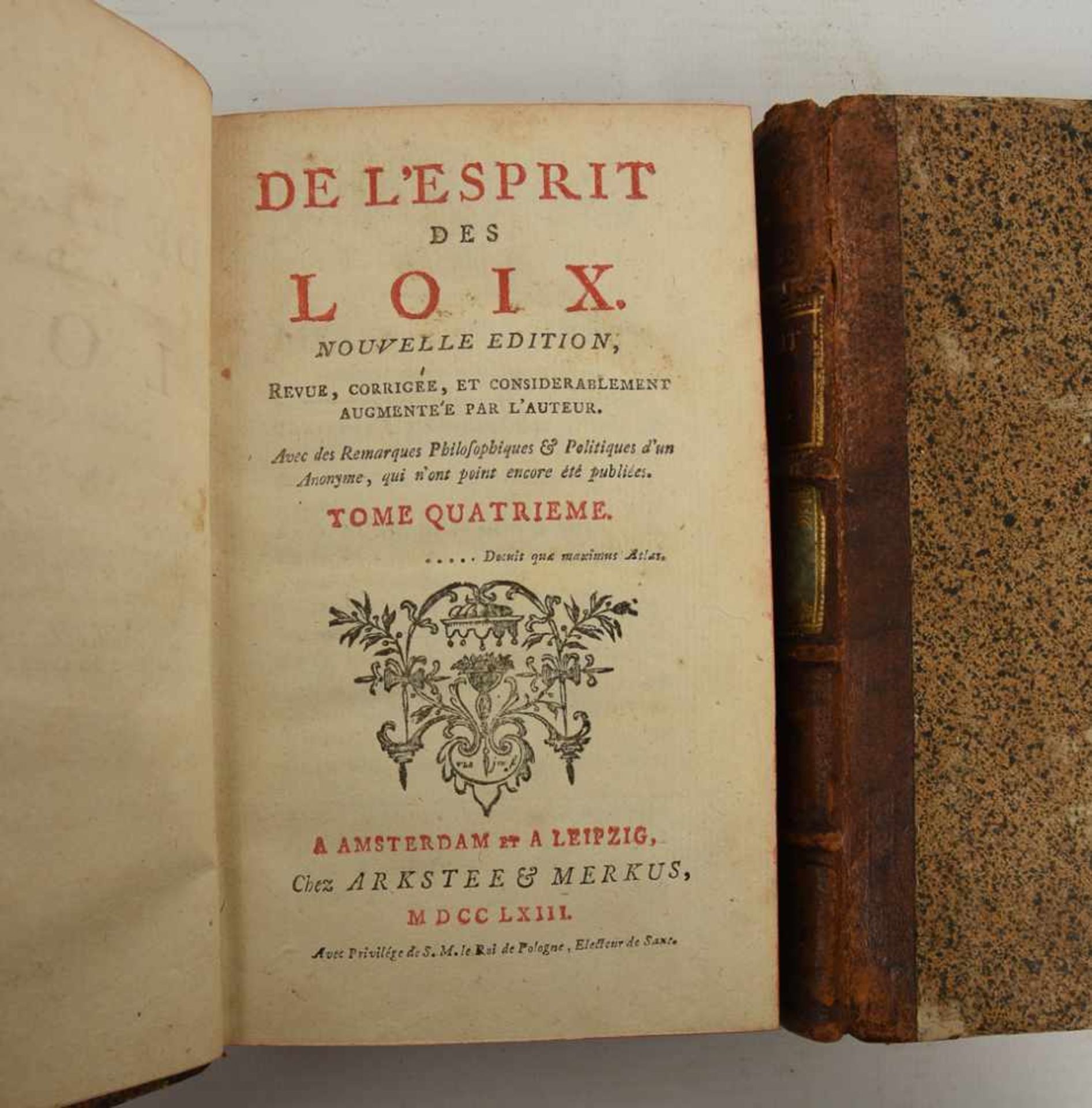 4 BÄNDE "DE LÉSPRIT DES LOIX", in Leder gebundene Ausgaben, Amsterdam/Leipzig 1763 - Bild 2 aus 3