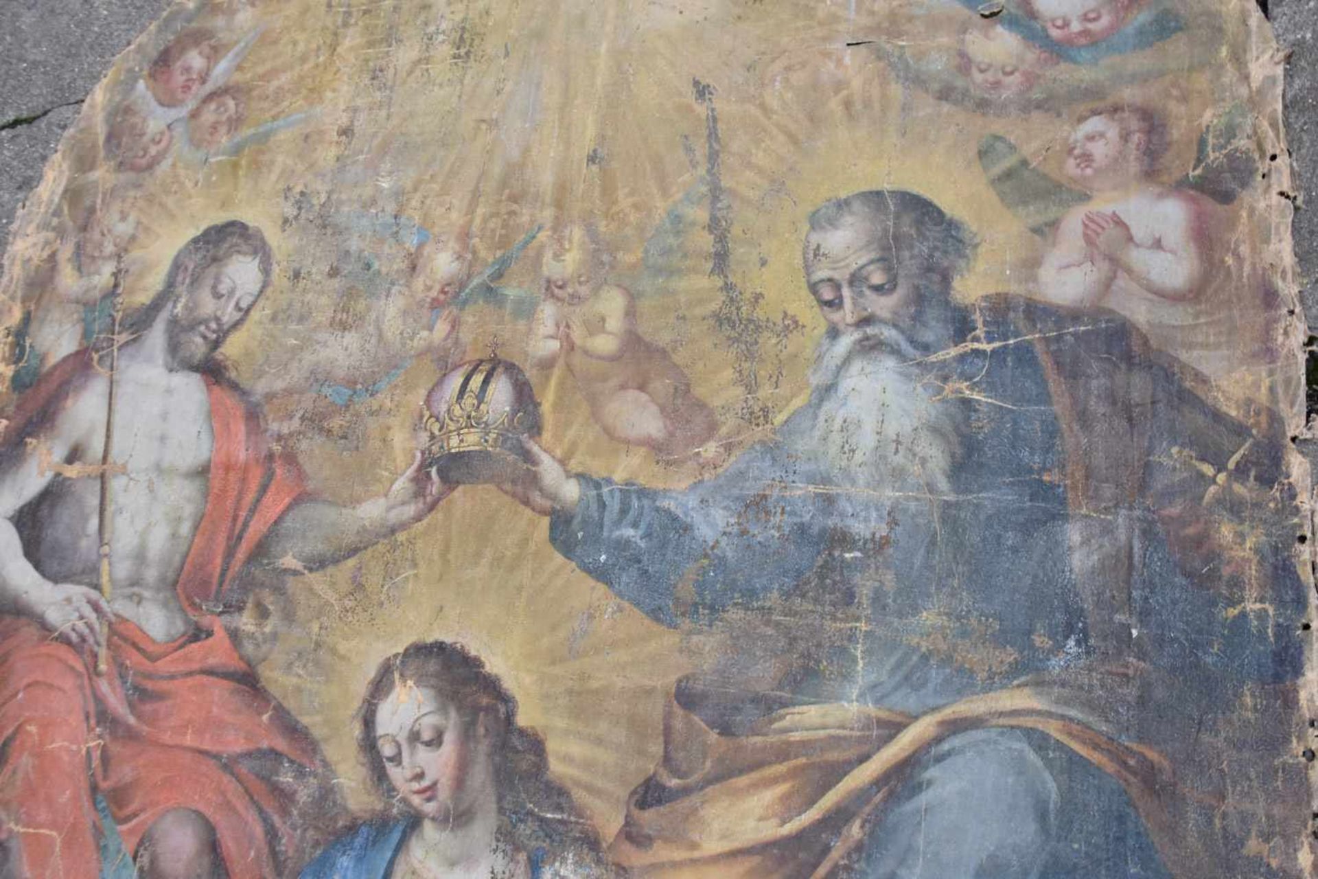 BAROCKES ALTARGEMÄLDE, Öl auf Leinwand, um 1700 Darstellung Jesus, Maria und Petrus, Maße 2,75 x 1, - Bild 5 aus 7