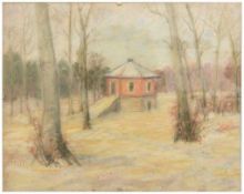 UNBEKANNTER KÜNSTLER,"Waldpavillon", Pastellkreide auf Papier, hinter Glas gerahmt, 1. Hälfte 20.