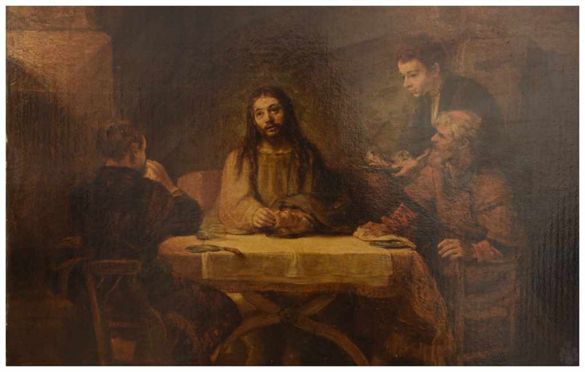 "CHRISTUS IN EMMAUS", Öldruck auf Pappe, nach Rembrandt (1648), gerahmt, frühes 20. Jahrhundert Nach - Bild 2 aus 4