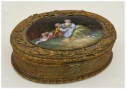 SCHMUCKDOSE, Messing/Porzellan/Stoff, 1. Drittel 19. Jahrhundert Messingdose mit bemalter