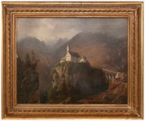 UNBEKANNTER KÜNSTLER,"Burg in den Bergen", Öl auf Leinwand, gerahmt, Ende 19. Jahrhundert Rückseitig
