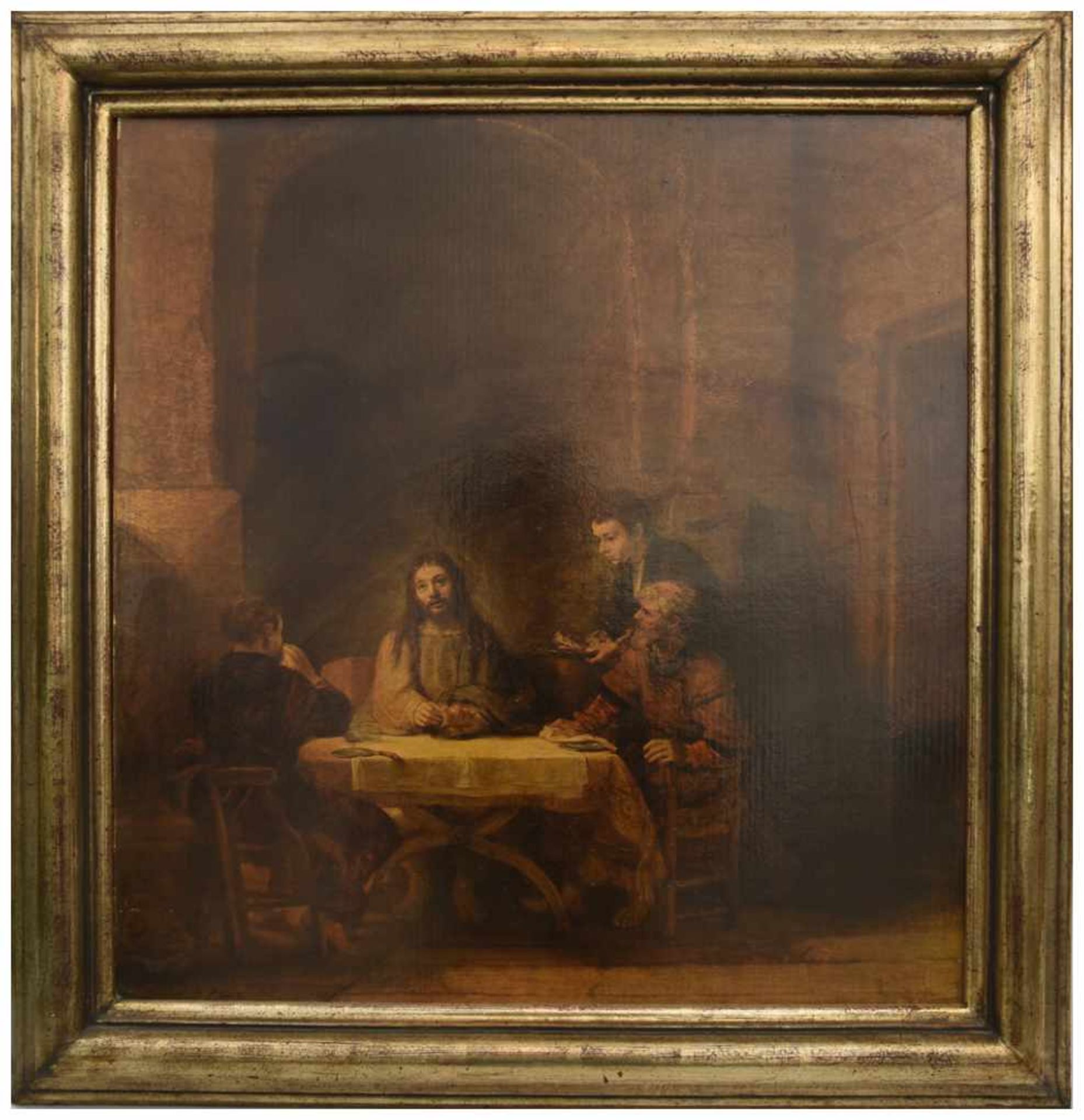 "CHRISTUS IN EMMAUS", Öldruck auf Pappe, nach Rembrandt (1648), gerahmt, frühes 20. Jahrhundert Nach