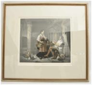 "BAUERNFAMILIE BEIM VESPER", polychromer Druck nach J. Woelfle, hinter Glas gerahmt, Mitte 19.