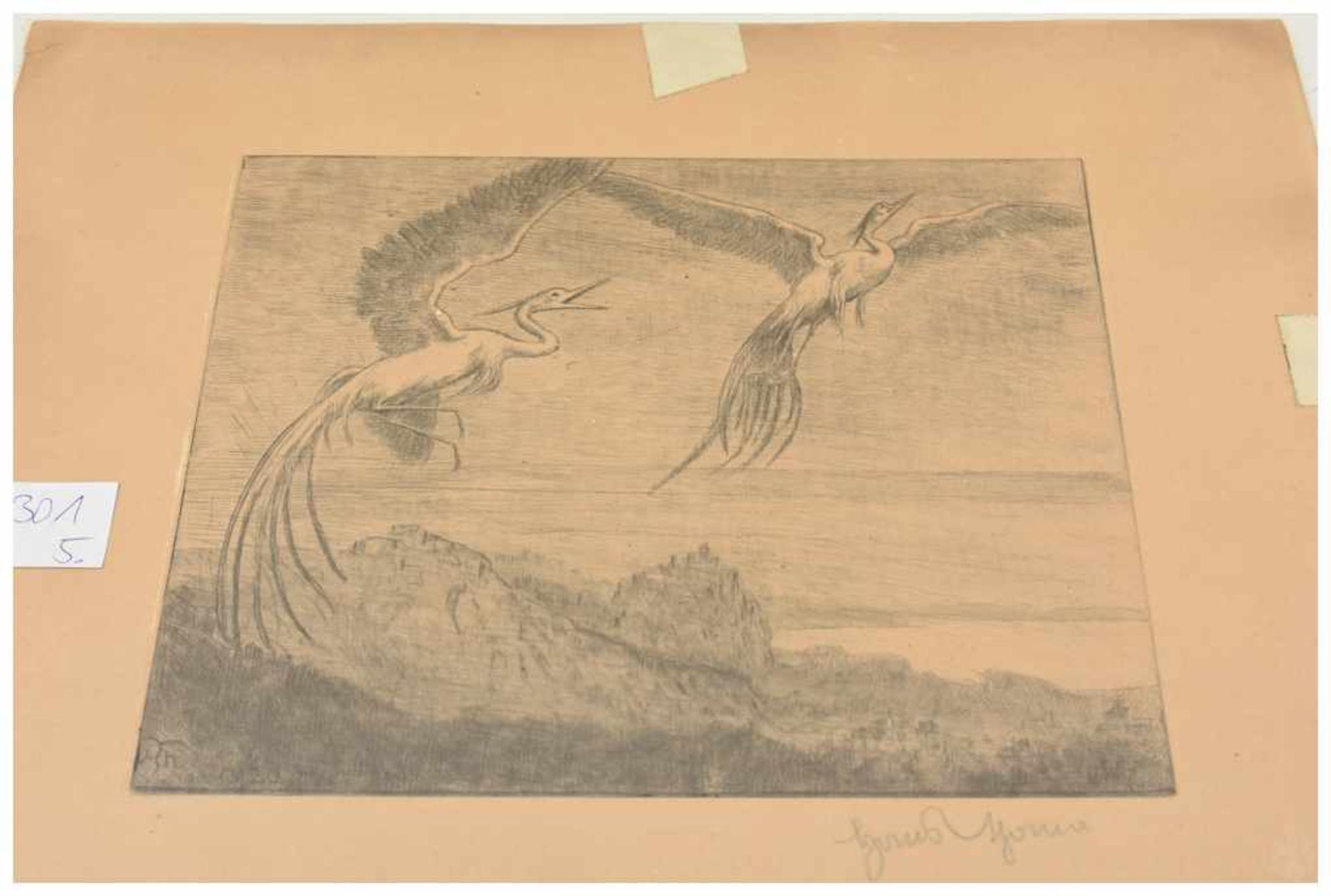 HANS THOMA, "Fliegende Kraniche", Radierung auf Papier, signiert und datiert Hans Thoma (1839-1924).