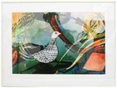 GÜNTHER BURKHARDT,"Die Taube", Acryl auf Glasplatte, limitiert, 21. Jahrhundert Maße: 60 x 91 cm.