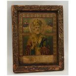 "HEILIGER NIKOLAUS DER WUNDERTÄTER", bemalter Druck auf Holz, Russland um 1900 Heiligenbild mit