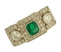 RING FILIGRAN, 950 Platin Diamond 1,4ct Smaragd Vintage Bj.1920 Gr.57 Handarbeit Ring Filigran