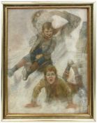 GUSTAV SCHRÄGLE, "Spaß im Schnee", Pastellkreide auf Papier, hinter Glas gerahmt, signiert und