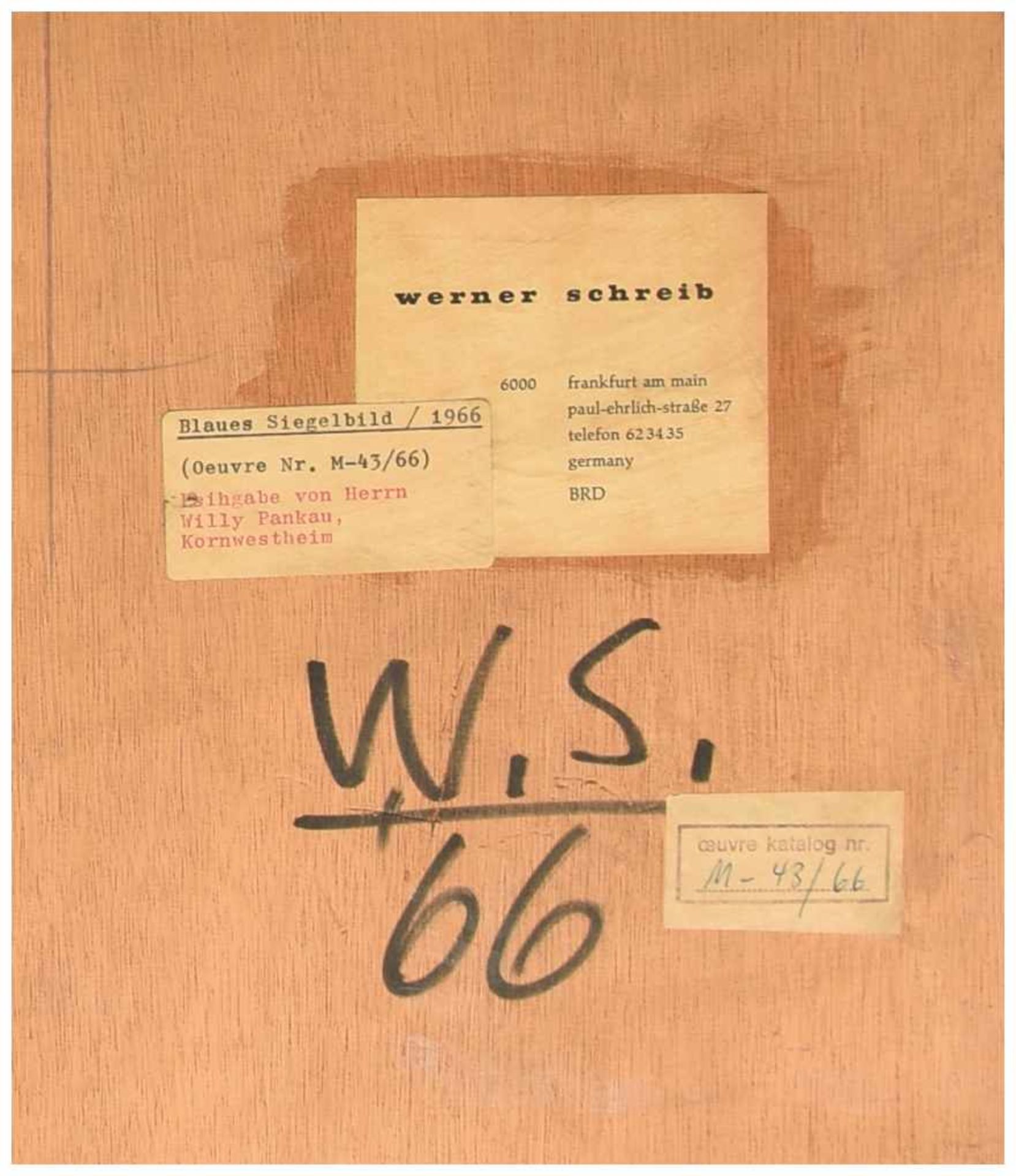 WERNER SCHREIB,"Blaues Siegelbild",hinter Plexiglas gerahmt, 1966 Maße Platte: 53 x 42 cm, Maße - Bild 5 aus 5