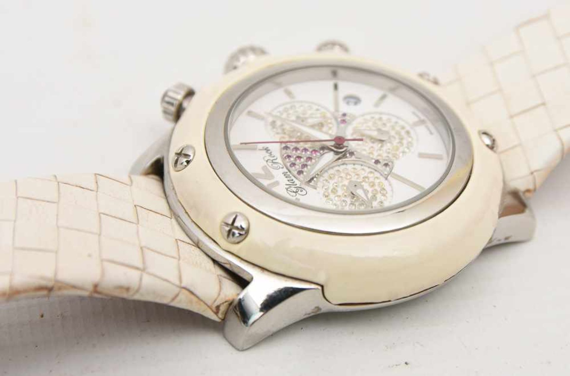 GLAM ROCK DAMENUHR WEISS, Edelstahl/Leder, um 2000 Quartz Damen-Armbanduhr "Glam Rock". weißes - Bild 4 aus 5