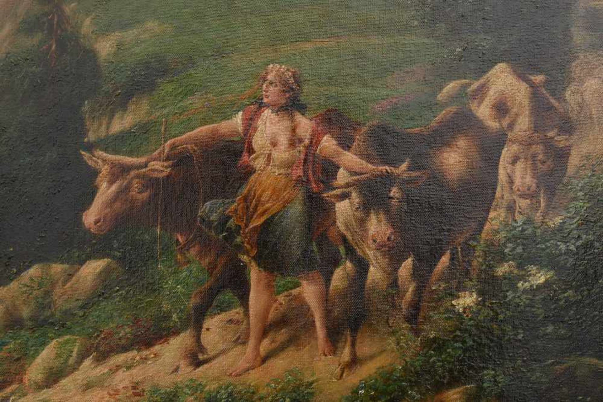 FRIEDRICH SCHLEGEL:"ALMABTRIEB VOR ROMANTISCHER KULISSE", Öl auf Leinwand, gerahmt Friedrich - Image 2 of 4