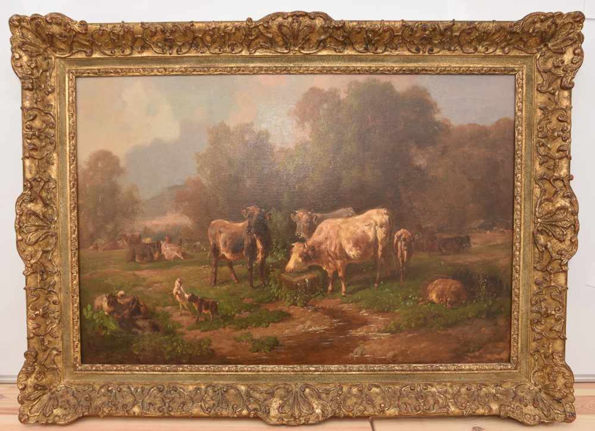 LOUIS REINHARDT," Weidende Kühe", Öl auf Leinwand, gerahmt und signiert Louis Reinhardt (1849-1870).