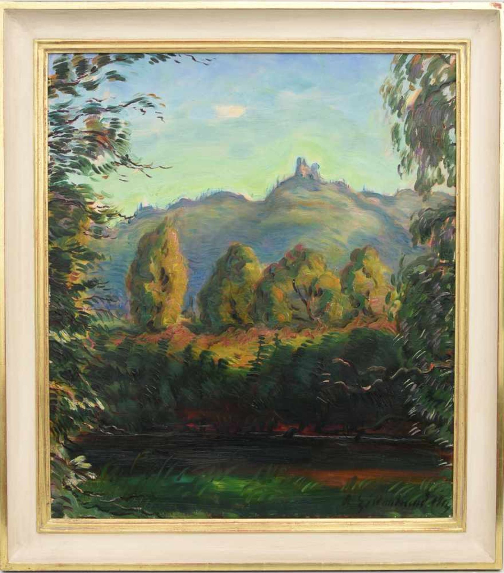 ADOLF HILDENBRAND:"BLICK AUF DIE BURGRUINE TECK", Öl auf Leinwand, signiert und datiert Adolf