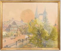 KARL FUCHS: "ESSLINGER BURG UND STADTKIRCHE", Aquarell auf Papier, hinter Glas gerahmt und