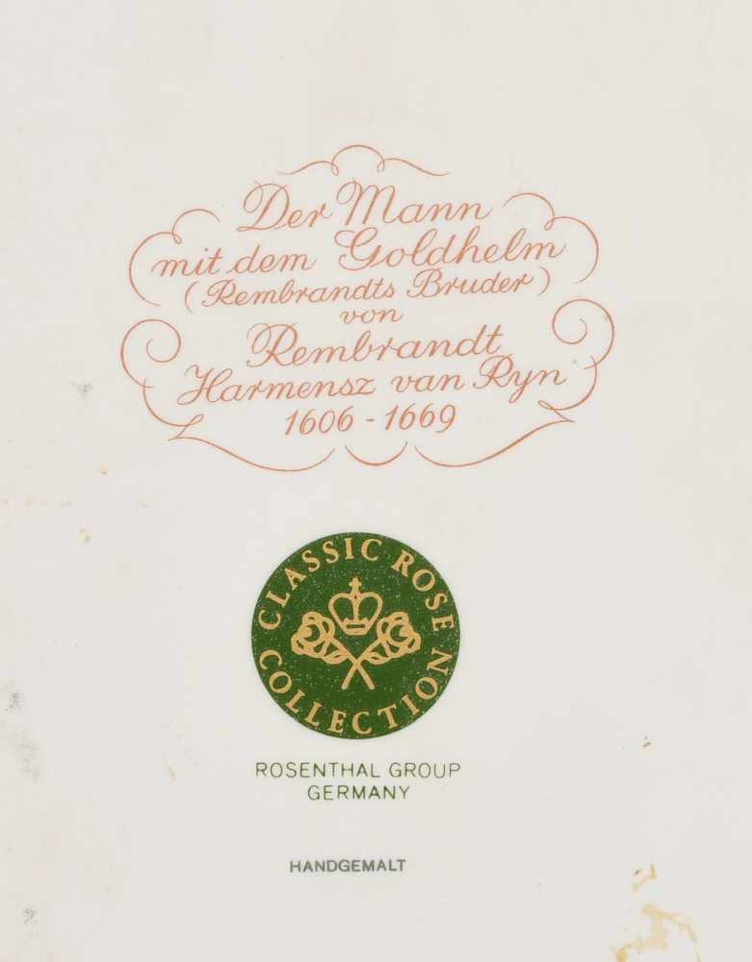 ROSENTHAL CLASSIC ROSE COLLECTION, "Der Mann mit dem Goldhelm", handbemalte Bildplatte Porzellan, - Bild 5 aus 6