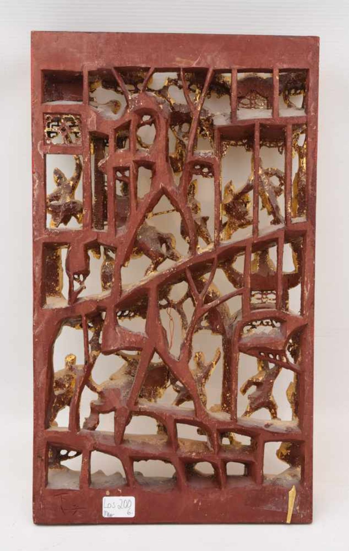 WANDBILD, Holz beschnitzt, Rotlack/Blattgold, China Mitte 20. Jahrhundert Mit Blattgold getriebenes, - Bild 3 aus 3
