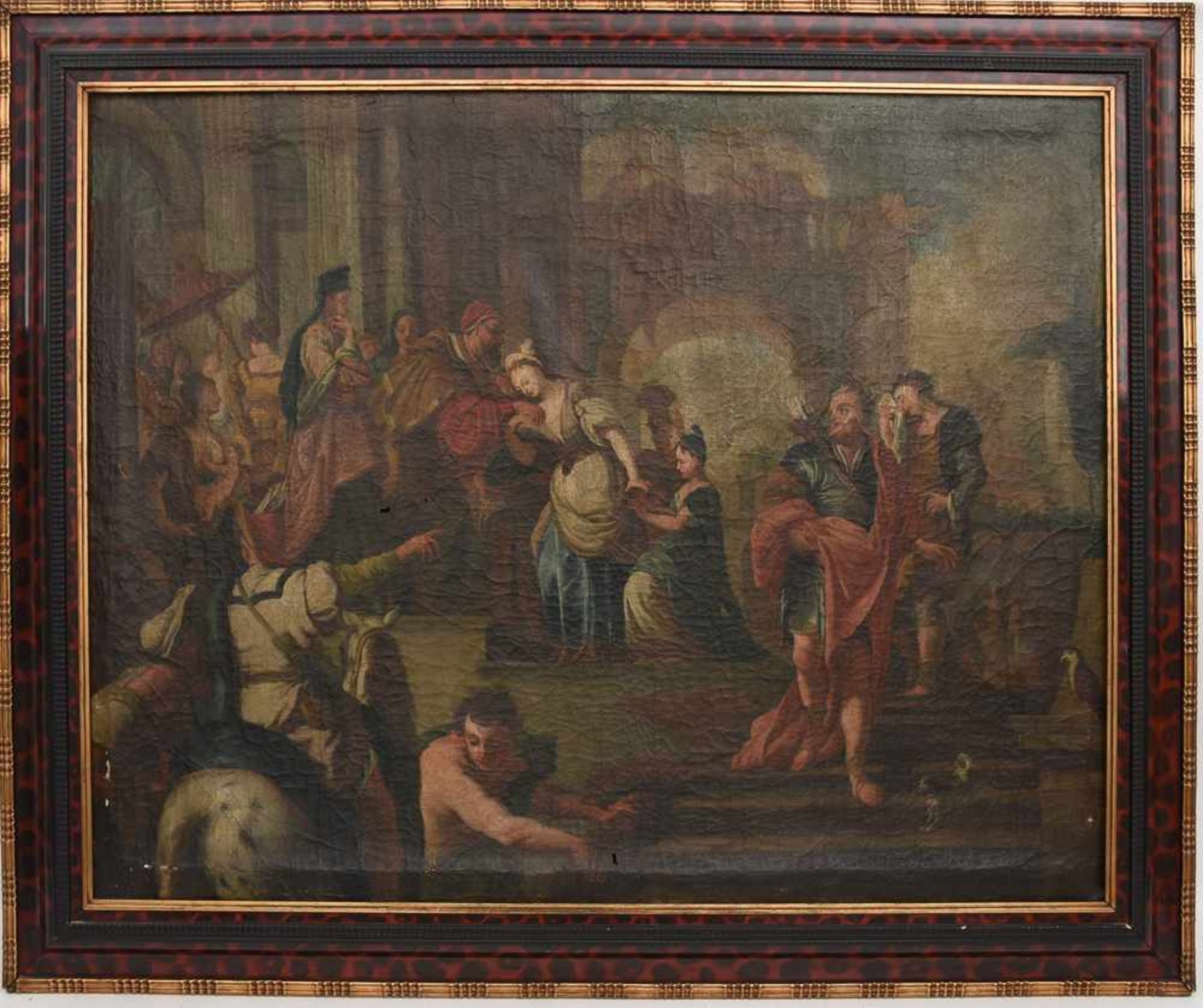 ALTMEISTER:"EMPFANG DURCH EINEN GEISTLICHEN IM TEMPEL", Öl auf Leinwand, gerahmt, 17. Jahrhundert