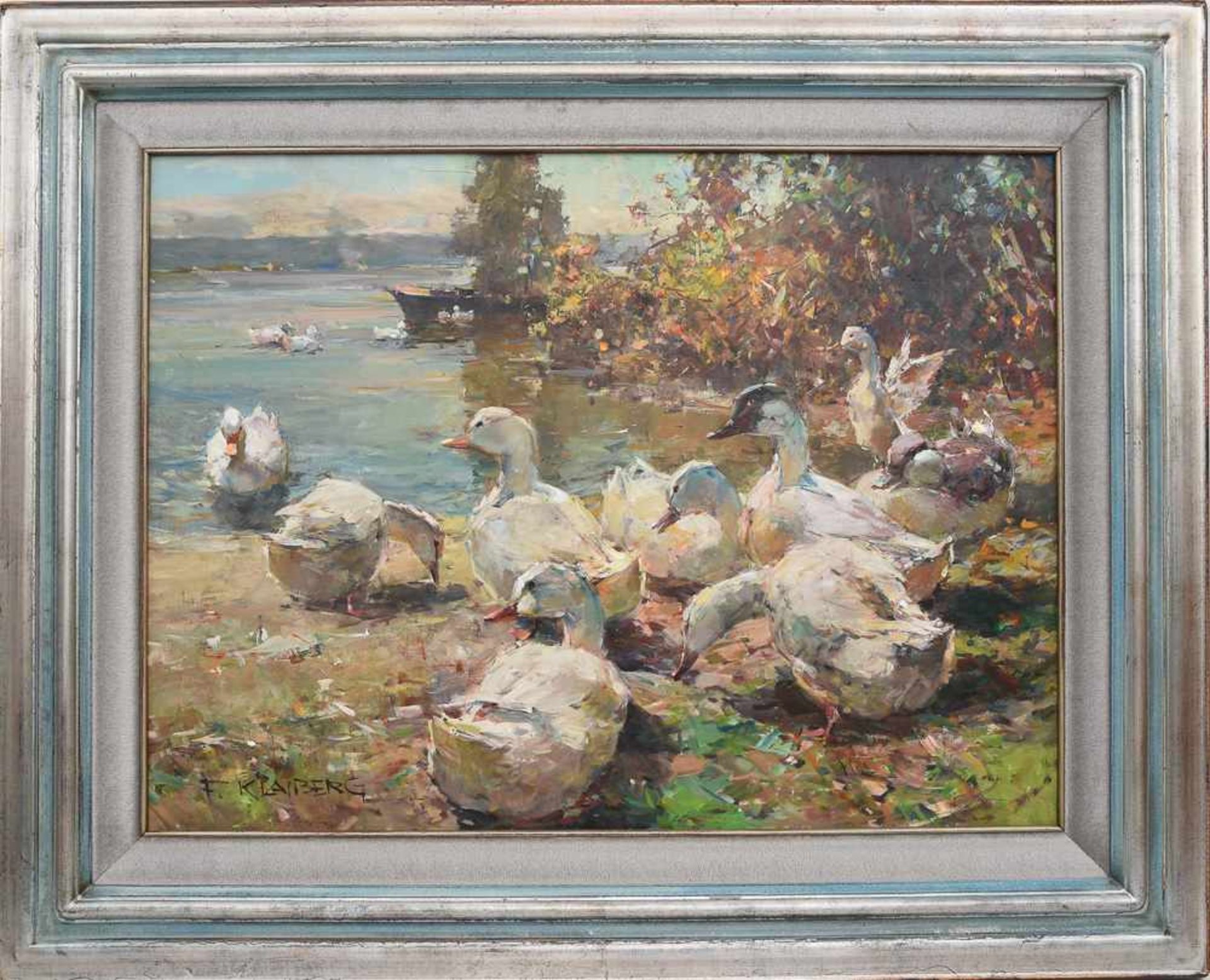 FRIEDRICH KLAIBERG:"Enten am Seeufer", Öl auf Leinwand, gerahmt und signiert Friedrich Klaiberg (