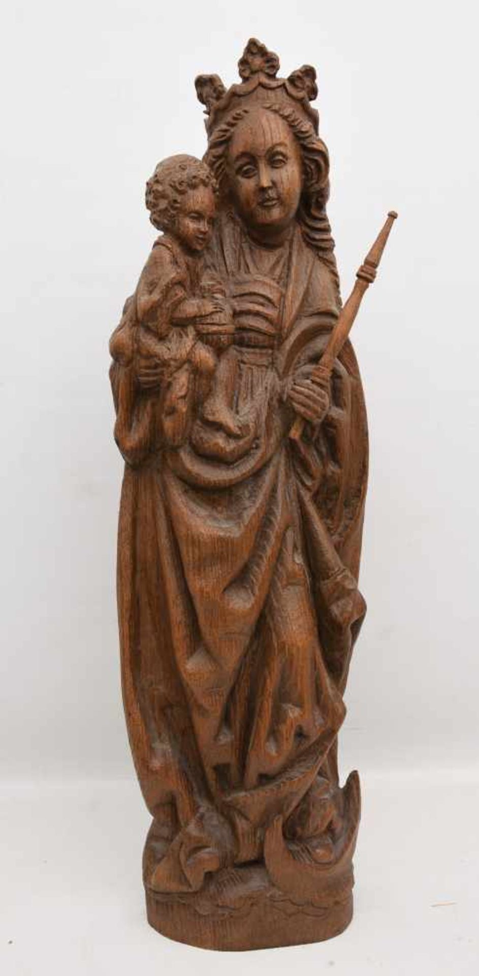 OSNABRÜCKER MADONNA, Kopie nach Original, beschnitztes Holz, antik gebeizt, Oberammergau 20.