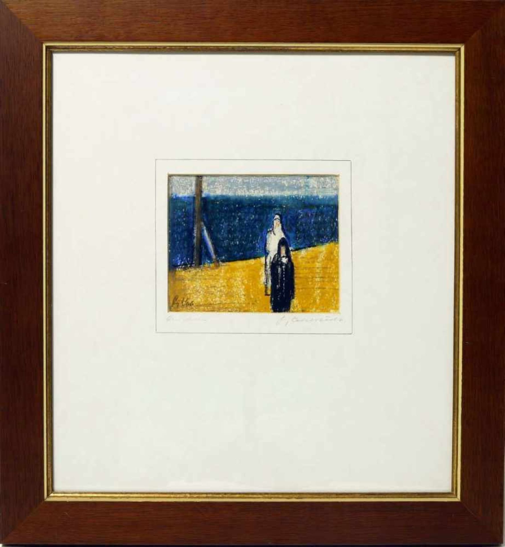 FRITZ KOHLSTÄDT."Am Meer", Wachskreide auf Papier, hinter Glas gerahmt und signiert Fritz Kohlstädt.