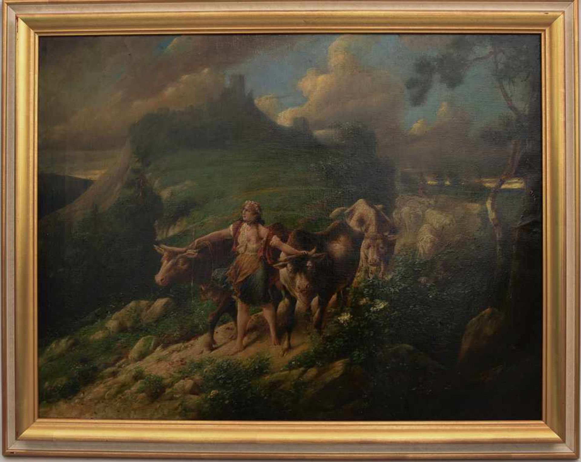 FRIEDRICH SCHLEGEL:"ALMABTRIEB VOR ROMANTISCHER KULISSE", Öl auf Leinwand, gerahmt Friedrich