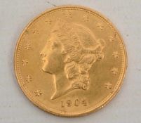 GOLDMÜNZE, LIBERTY 20$ 1904 (2) 34.1mm diameter x 2.1mm thick 33.4g total gram weight. Condition: