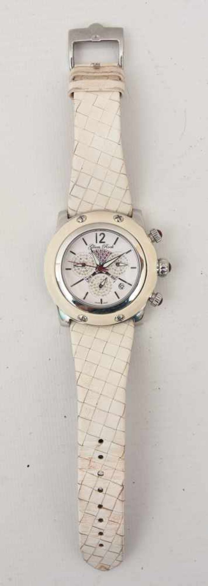 GLAM ROCK DAMENUHR WEISS, Edelstahl/Leder, um 2000 Quartz Damen-Armbanduhr "Glam Rock". weißes