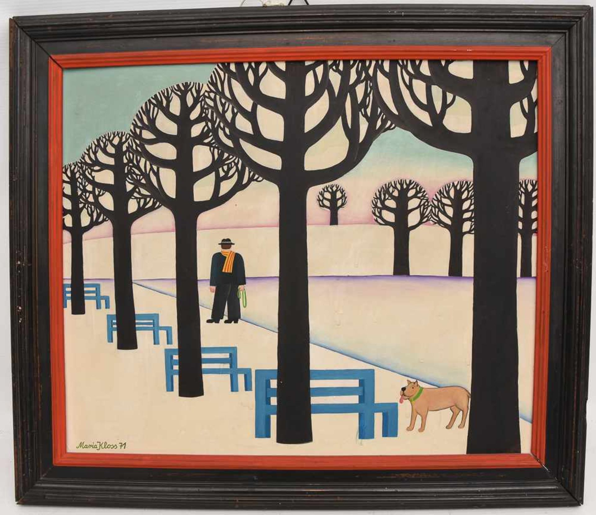 MARIA KLOSS, "Winterspaziergänger mit Hund", Öl auf Karton, 1971, gerahmt. Unten links signiert