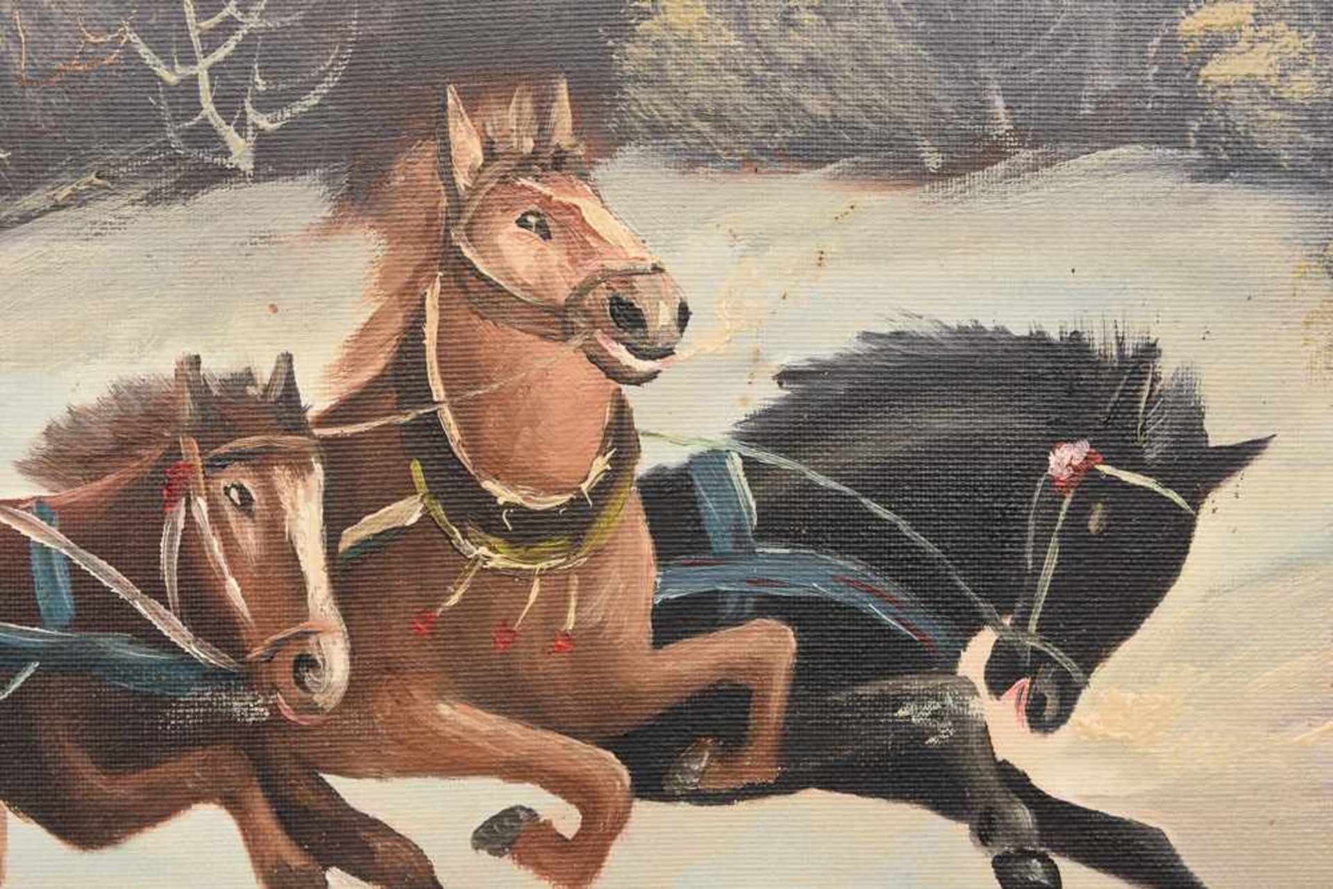 UNBEKANNTER KÜNSTLER, Winterjagd auf Pferdeschlitten, Öl auf Leinwand, 20 Jh. Unten rechts - Bild 3 aus 4