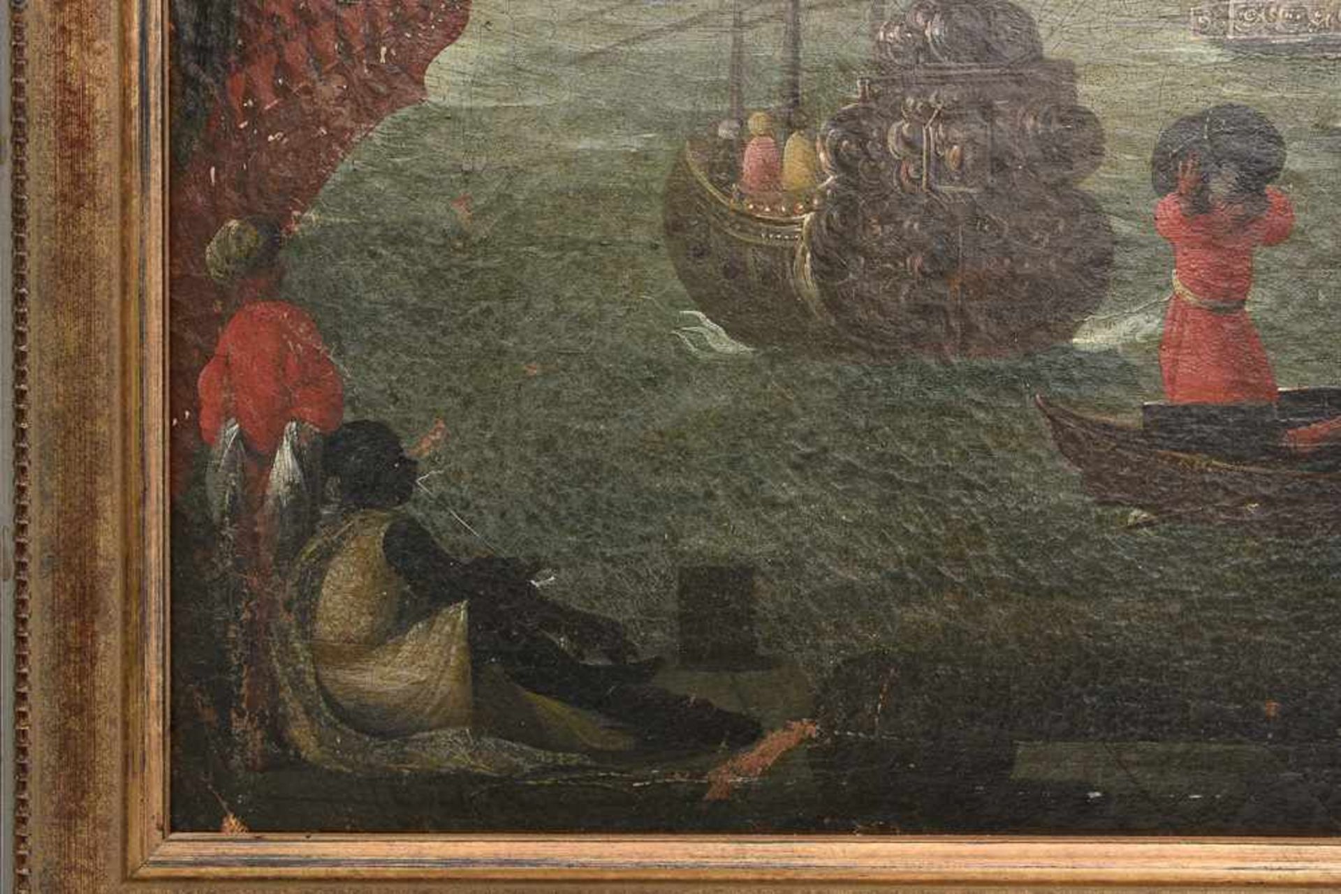 UNBEKANNTER KÜNSTLER, " Hafenszene", Öl auf Leinwand, 1 hälfte 17. Jahrhundert. Gerahmt, Guter - Image 7 of 12