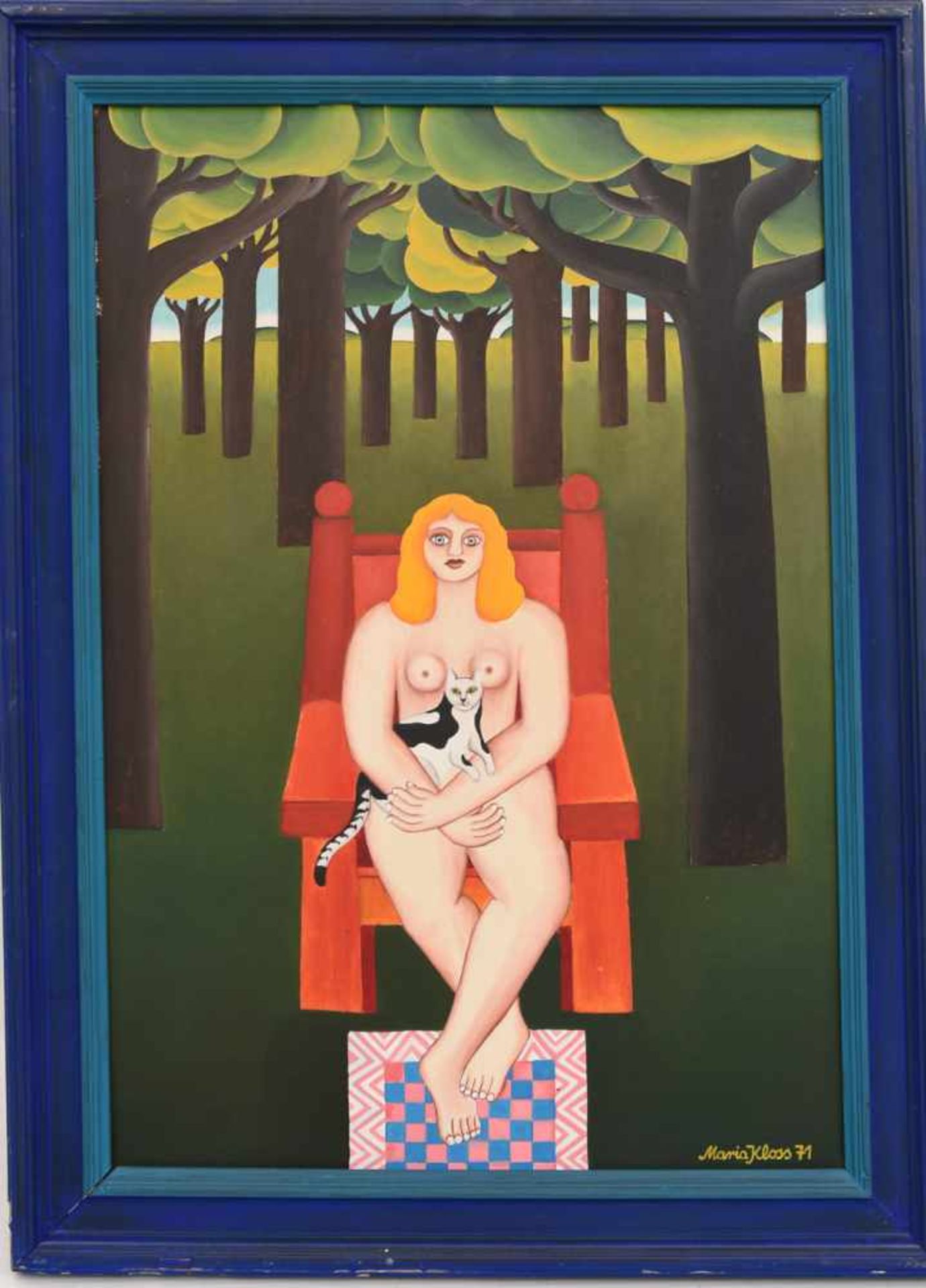 MARIA KLOSS, "Frau mit Katze im Wald", Öl auf Karton, 1971, gerahmt.. Unten rechts signiert und