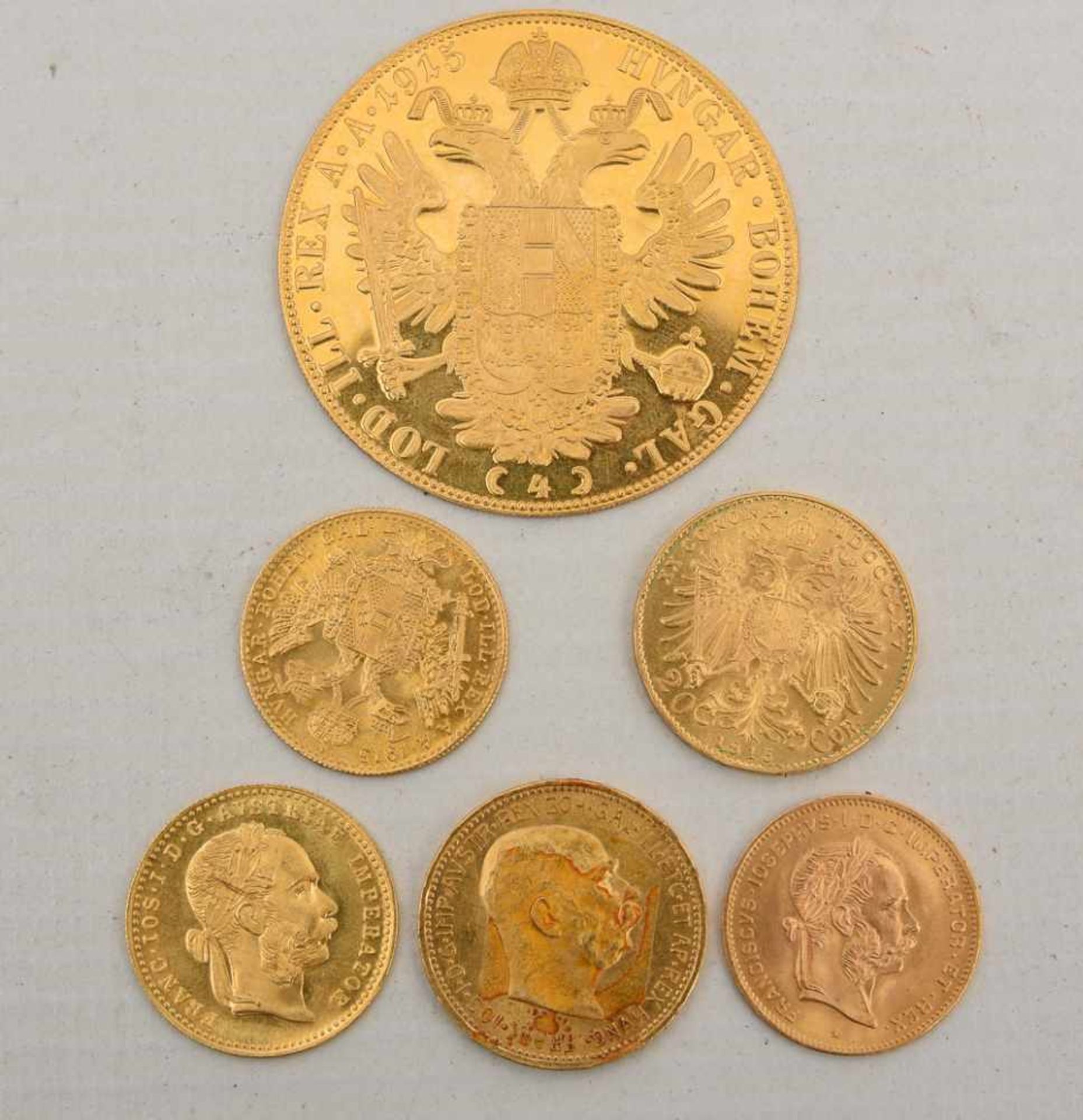 GOLDMÜNZEN KONVOLUT, Dukaten und Florin, 19. und. 20. Jahrhundert (3) 6 Münzen Konvolut bestehend