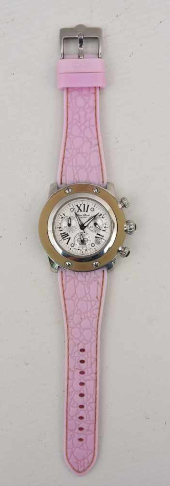 GLAM ROCK DAMENUHR ROSA, Edelstahl/Silikon, um 2000 Quartz Damen-Armbanduhr "Glam Rock". rosa