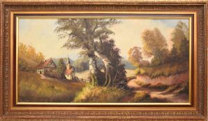 WILHELM BODE, "Landschaft am Ufer" Öl auf Leinwand, gerahmt. 99 x 48 / 119 x 69 cm. W. Bode,