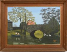 BERNARD CARTER, " Fishing by the bridge" Öl auf Karton, gerahmt. Sehr guter Zustand, 38 x 50 cm.