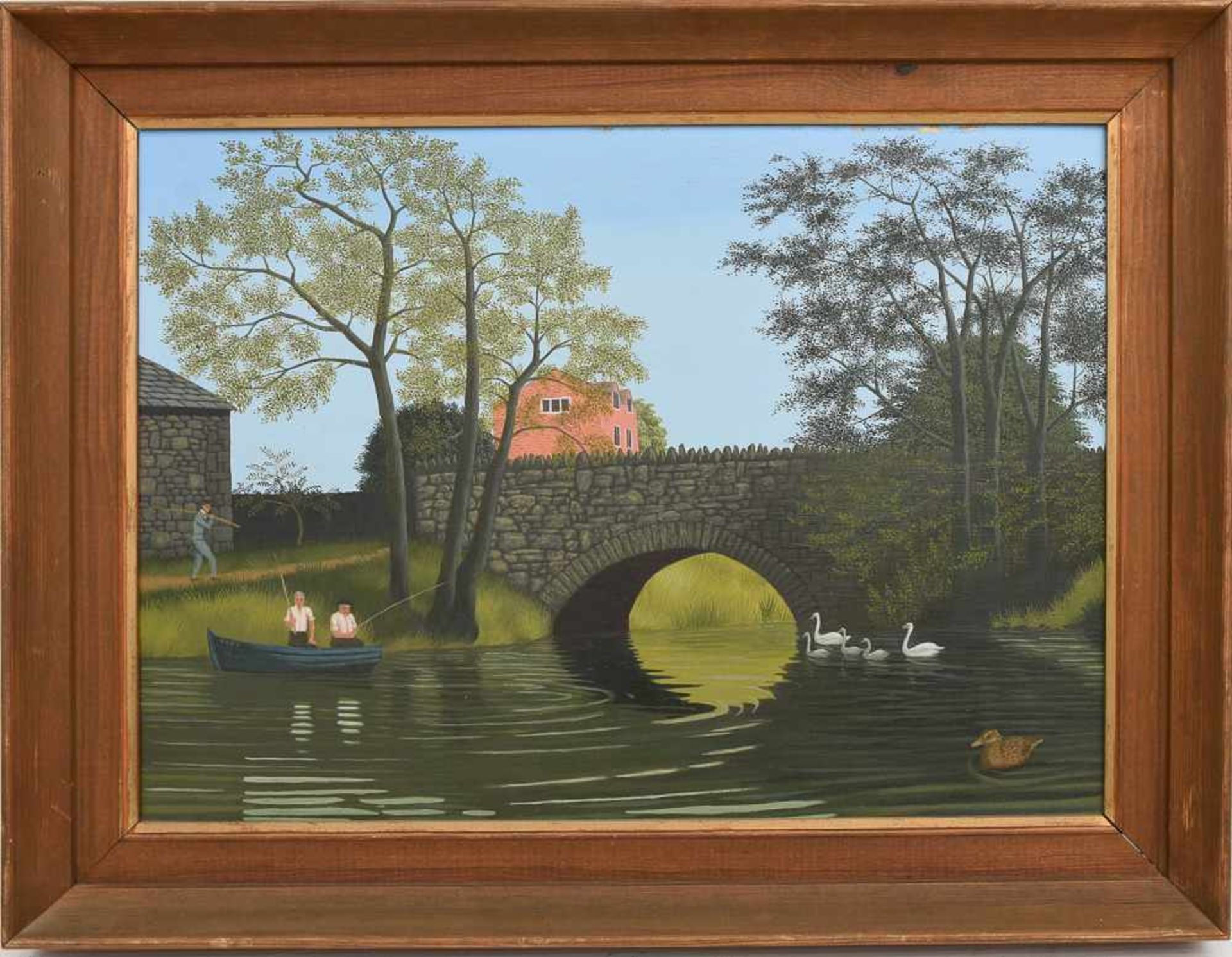 BERNARD CARTER, " Fishing by the bridge" Öl auf Karton, gerahmt. Sehr guter Zustand, 38 x 50 cm.