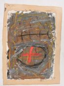 UNBKANNTER KÜNSTLER, Abstraktion mit rotem Kreuz, signiert mit Tapies, 20. Jh. Die Leinwand ist