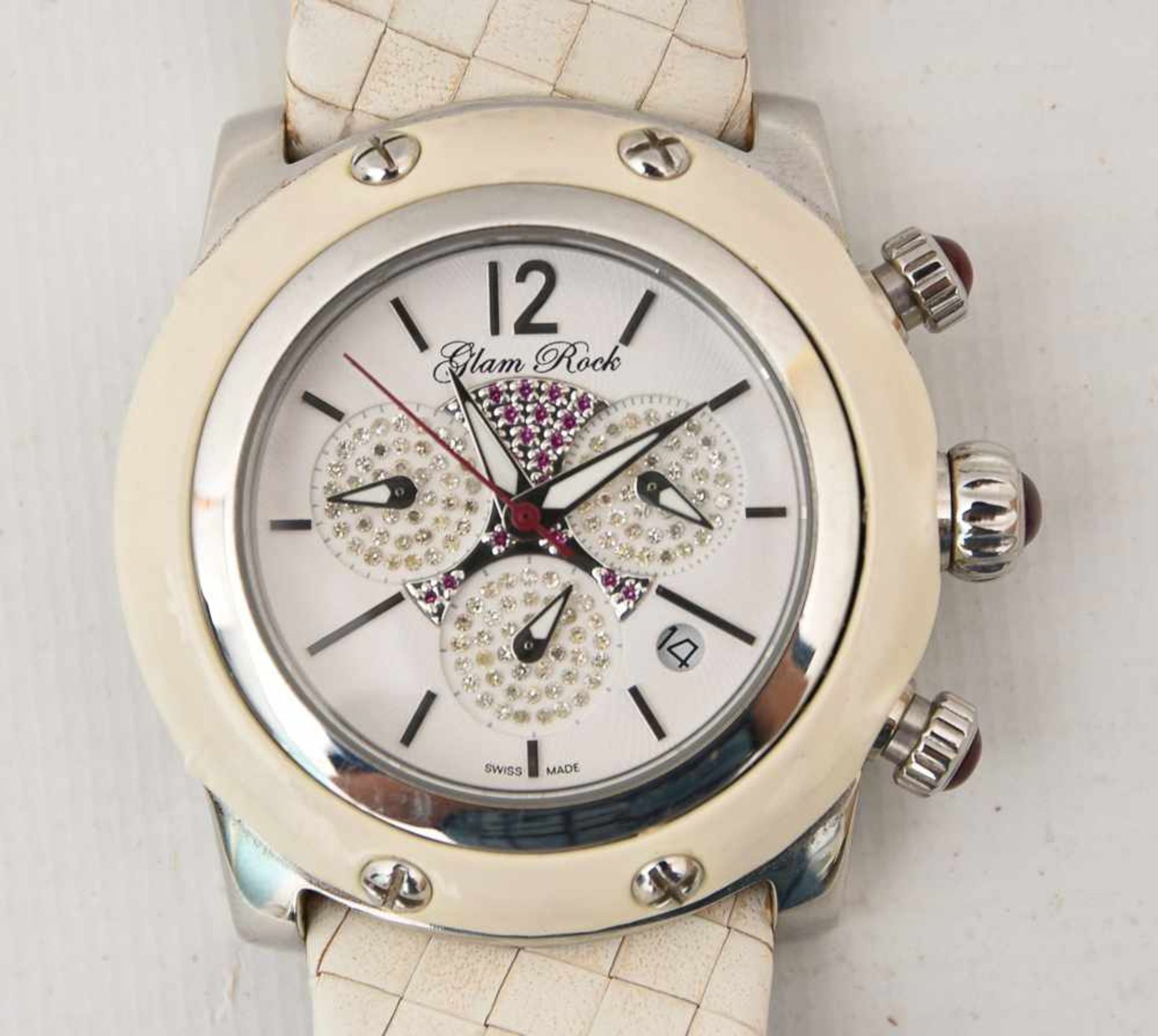 GLAM ROCK DAMENUHR WEISS, Edelstahl/Leder, um 2000 Quartz Damen-Armbanduhr "Glam Rock". weißes - Bild 2 aus 5