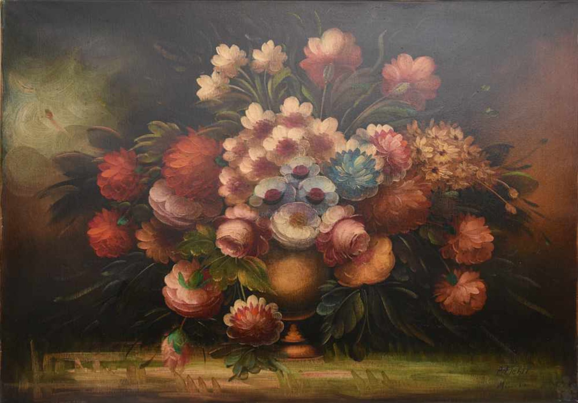 ANTON FICHTL, " 1.Blumenstilleben in altmeisterlicher Manier", Öl auf Leinwand, erste Hälfte 20.