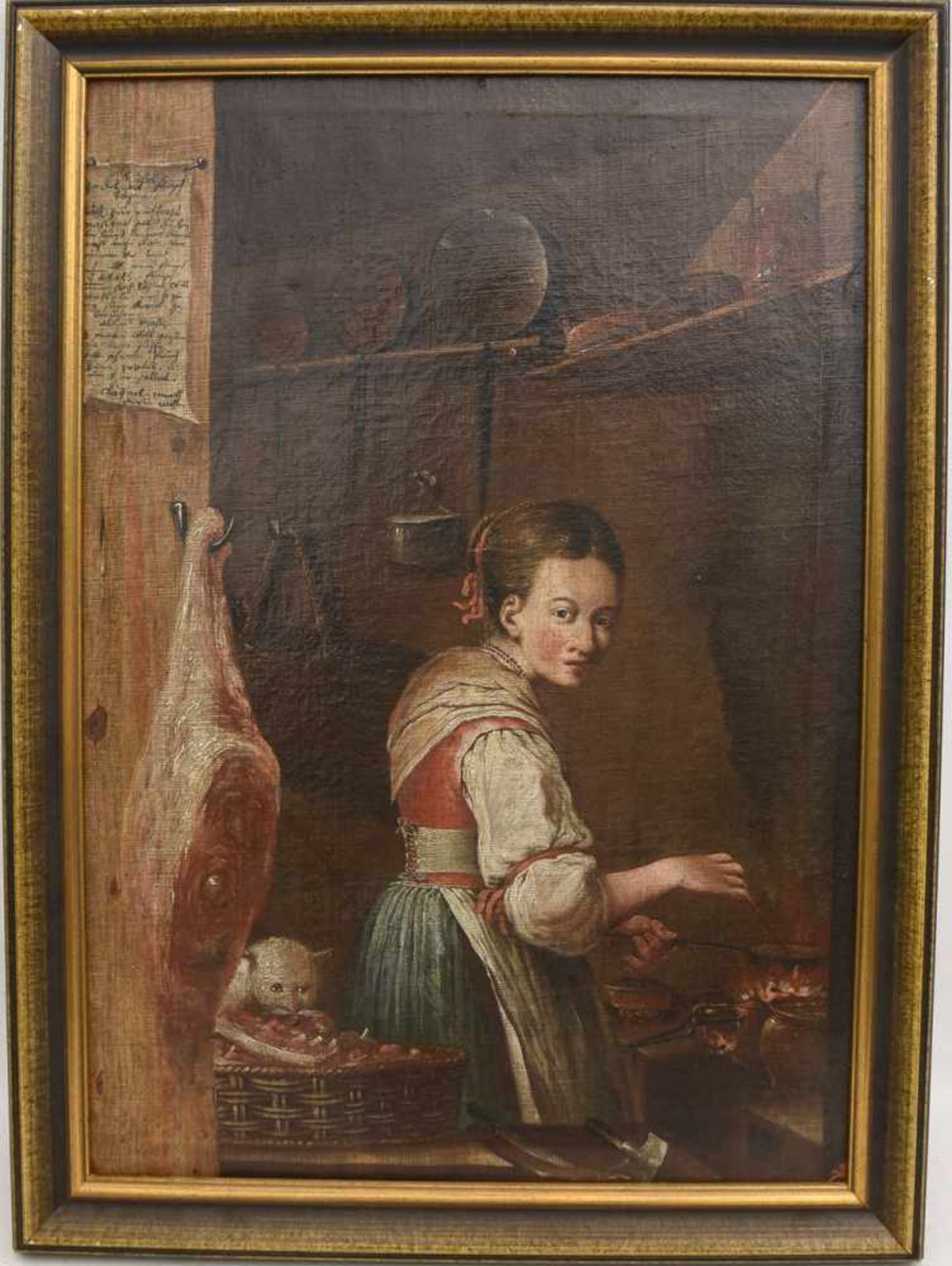 FRAU AM HERD, Öl auf Leinwand, Ende 18. Jh, Gerahmt. Hinten datiert "A:1778". 64 x 47 cm.