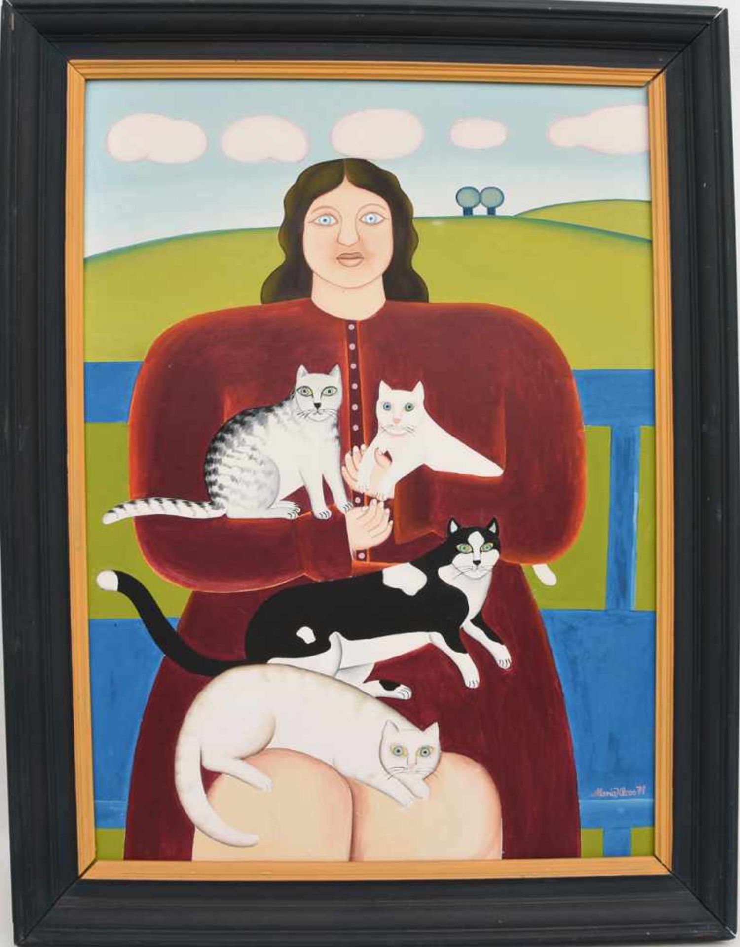 MARIA KLOSS, "Frau mit Katzen", Öl auf Karton, 1971, gerahmt. Unten rechts signiert und datiert.