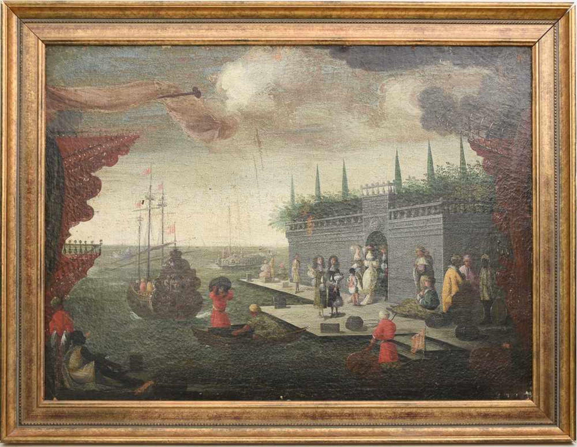 UNBEKANNTER KÜNSTLER, " Hafenszene", Öl auf Leinwand, 1 hälfte 17. Jahrhundert. Gerahmt, Guter