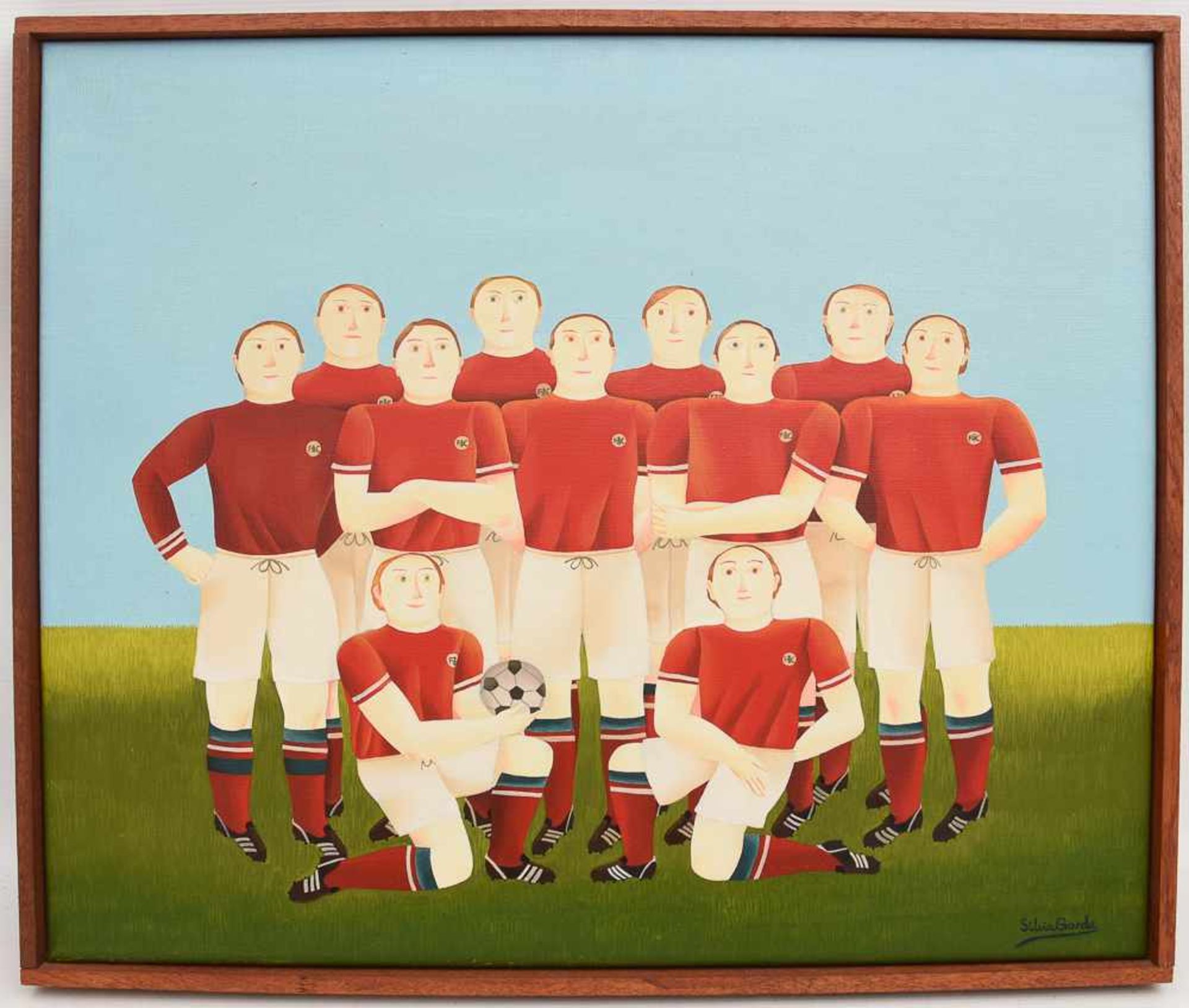 SILVIA GARDE, "Fußballmanschaft", Öl auf Leinwand, gerahmt. Unten rechts signiert. 62 x 52 cm.