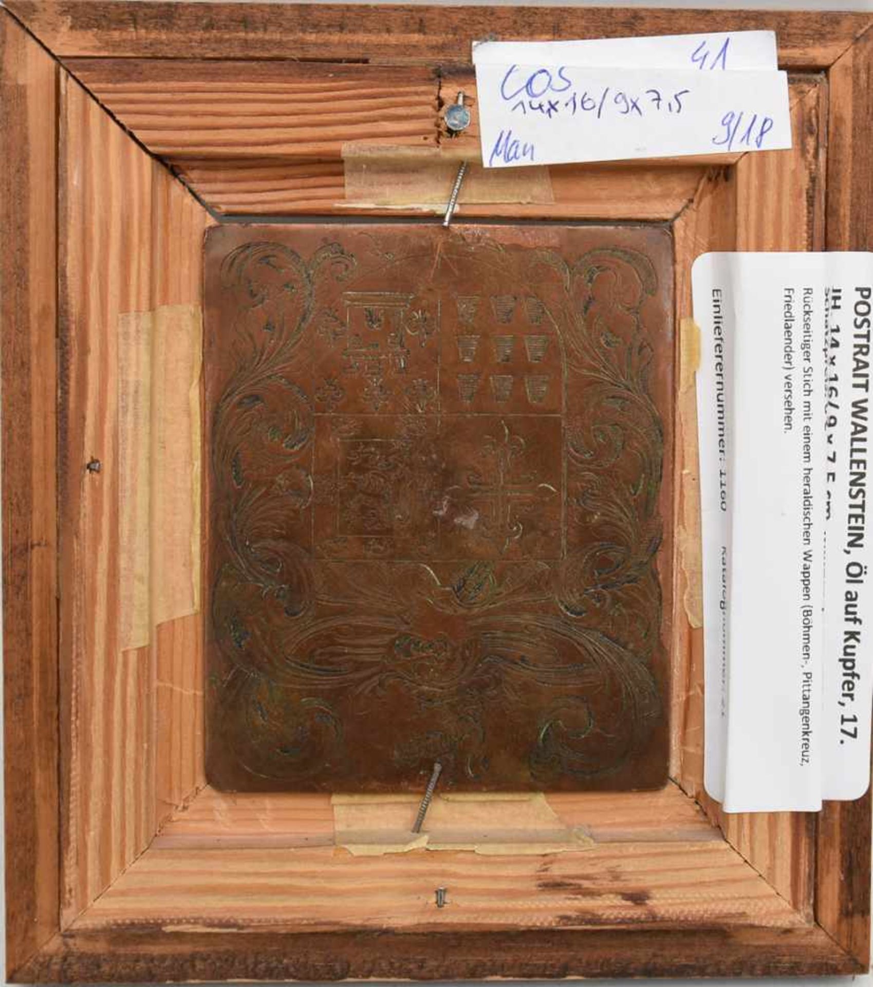 POSTRAIT WALLENSTEIN, Öl auf Kupfer, 17. JH. 14 x 16/ 9 x 7,5 cm. Rückseitiger Stich mit einem - Image 3 of 4