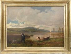 ALBERT LUGARDON, Jäger am Seeufer, Öl auf Platte,England, 1885.Sehr guter Zustand.44 x 32 cm o.R.