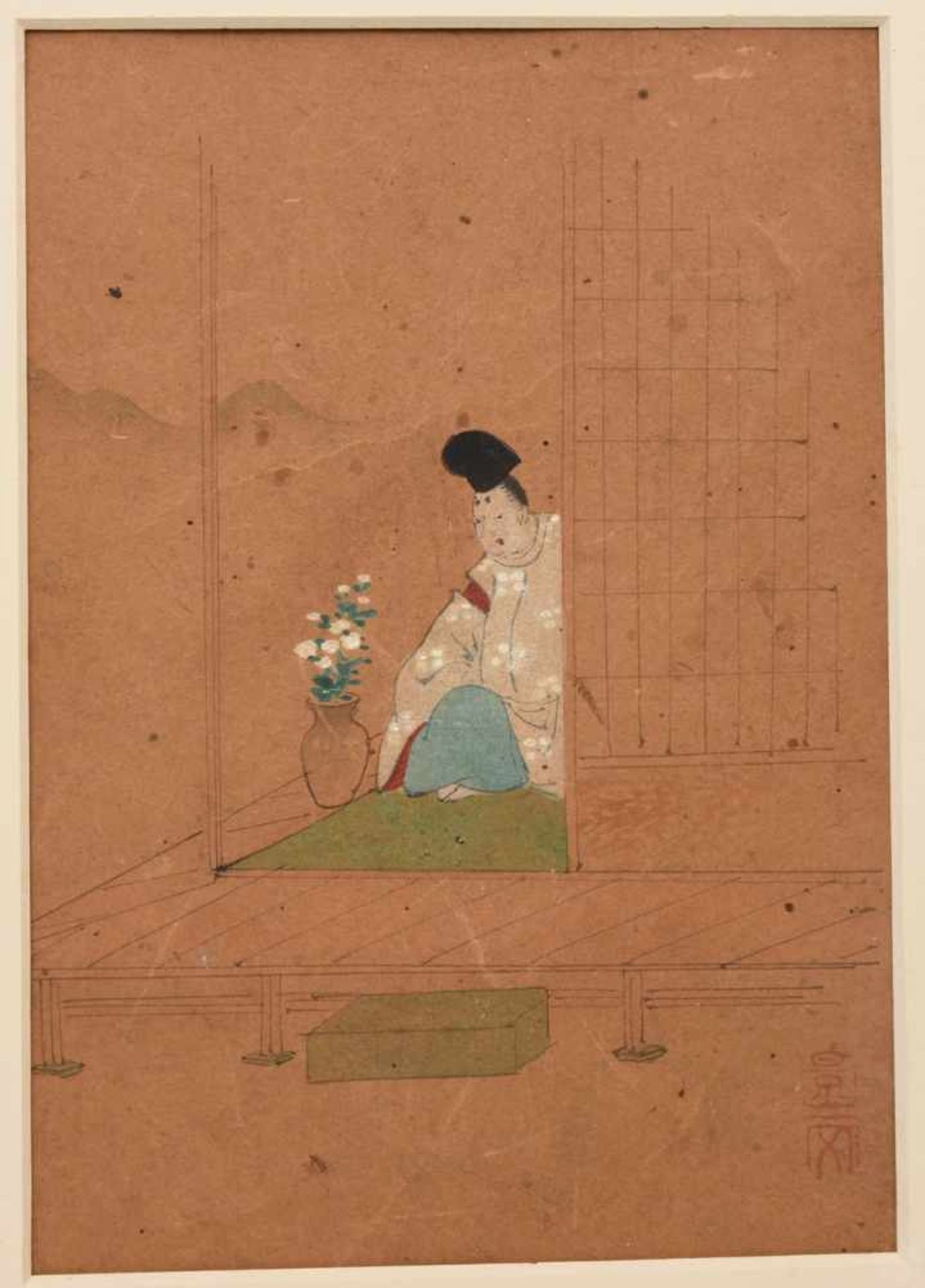 UNBEKANNETR KÜNSTLER, drei Miniaturmalereien, Seidenpapier im Passepartout, Japan, anfang 20.Jh.Zwei - Image 4 of 5