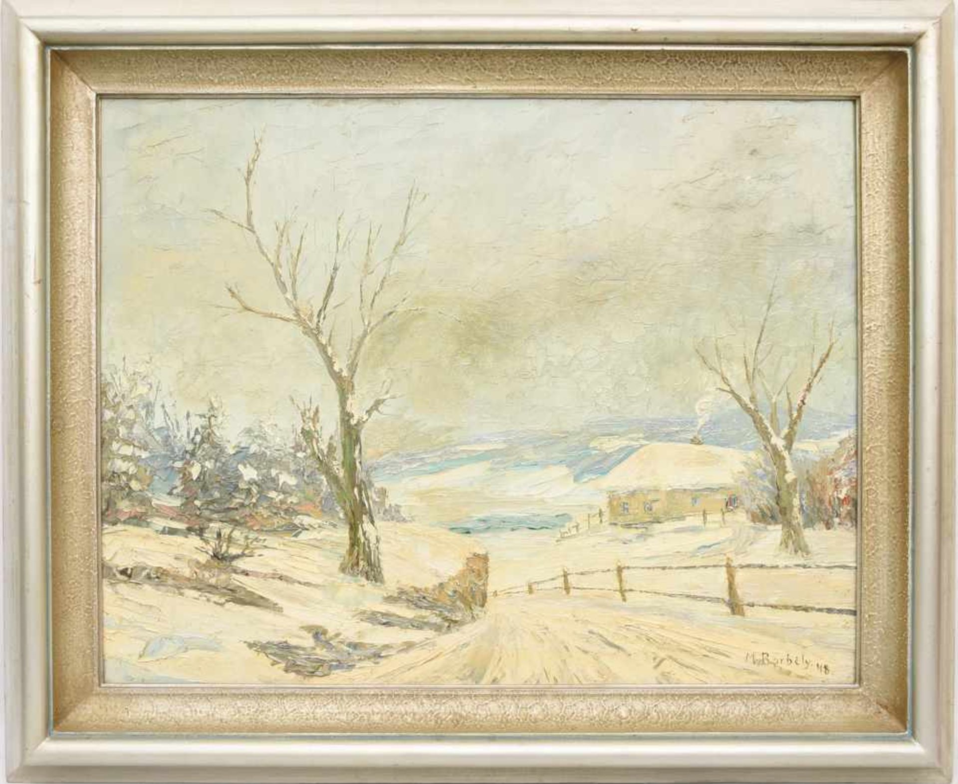 MICHAEL BORBELY, Landweg im Winter, Acryl auf Leinwand, Deutschland, 1948.Das Bild hat rechts oben