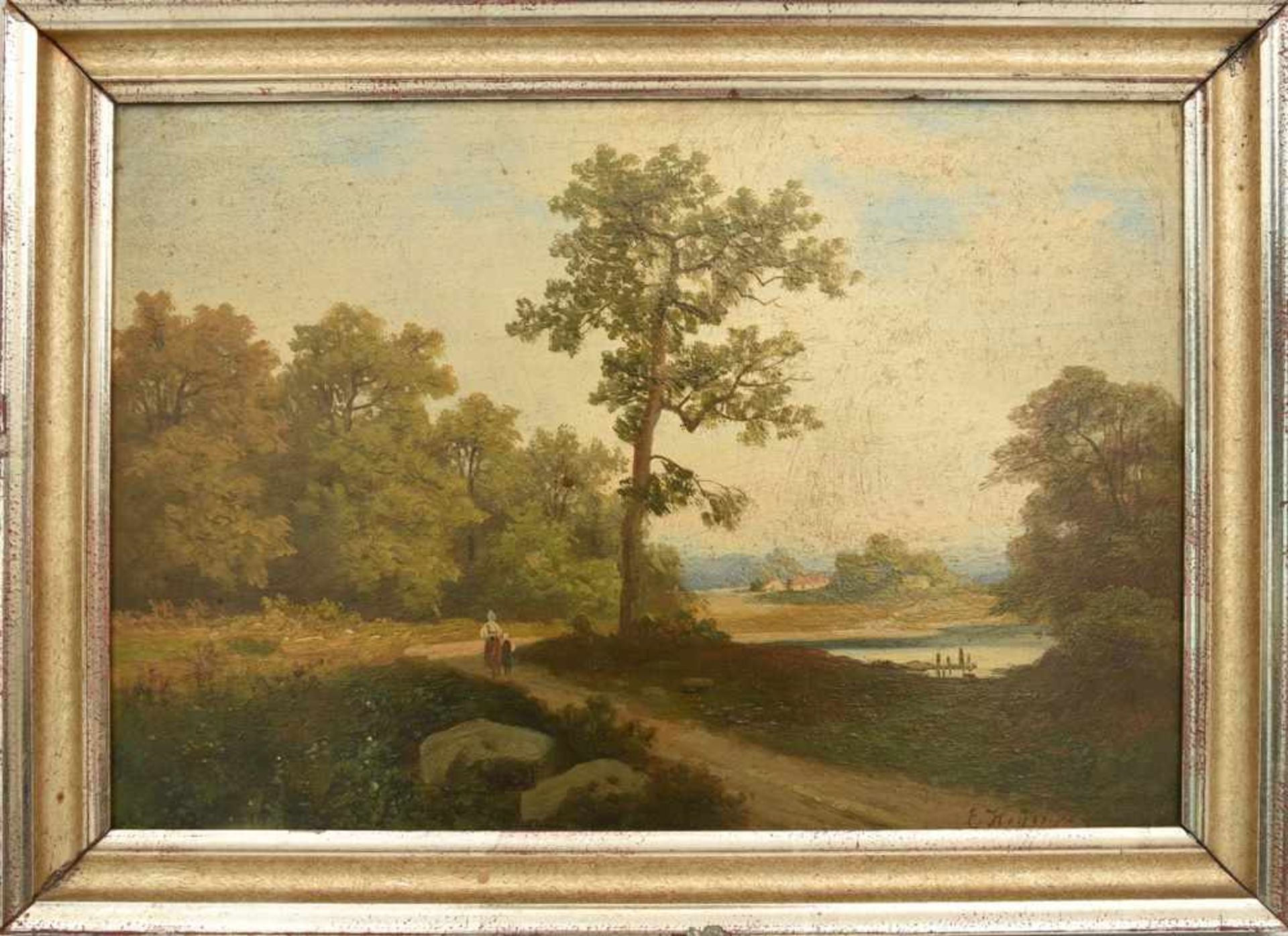 HEINRICH EDUARD HEYN, Am Weiher vorbei, Öl auf Platte, 2. Hälfte 19. Jahrhundert.Rechts unten